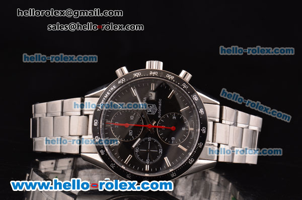 Tag Heuer Carrera Chronograph Swiss Valjoux 7750-DD Automatic Steel Case with Black Dial Black Bezel and Silver Stick Markers - Click Image to Close